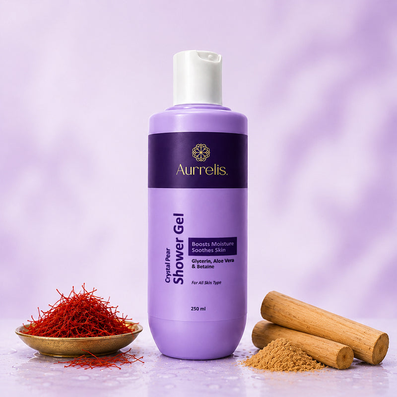 Aurrelis Crystal Pear hydrating body wash in a 250ml bottle, featuring a refreshing, moisturizing bath and body cleanser