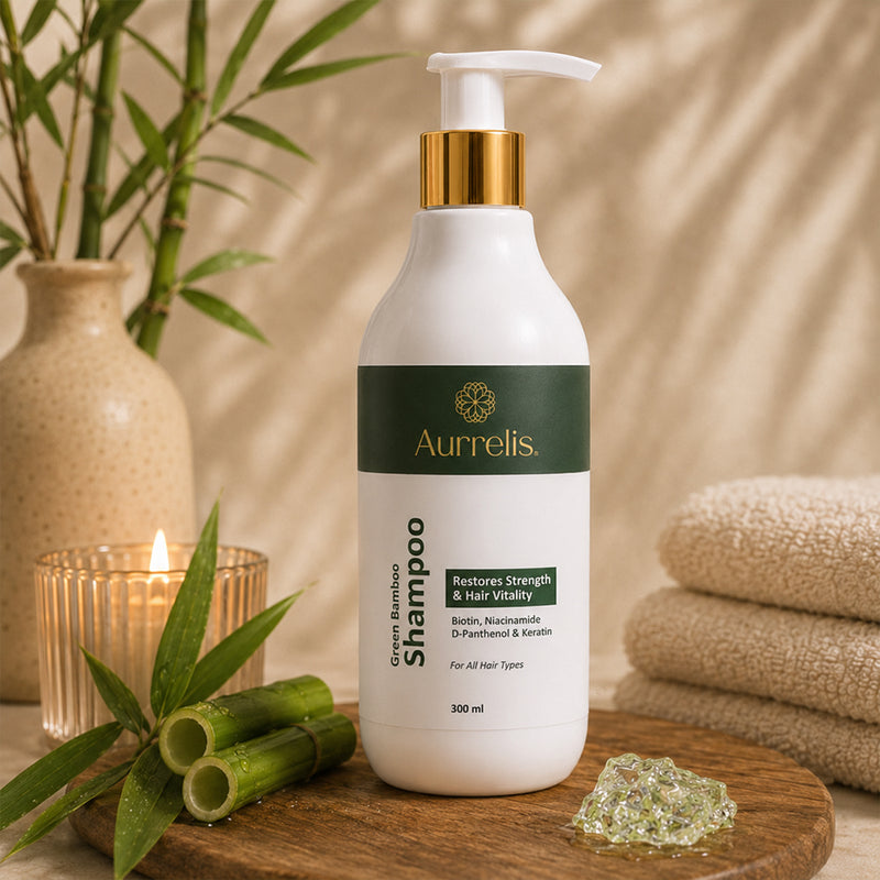 Aurrelis Green Bamboo Strength Shampoo bottle for nourishing, strengthening hair care with smooth, healthy hair in a 300ml size.