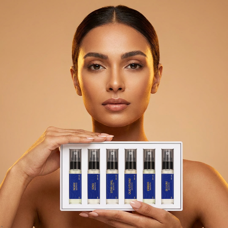 Aurrelis Signature Parfum Pocket Discovery Pack with six 8ml perfume vials arranged in a sleek set.