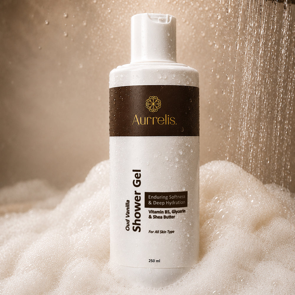 Aurrelis Midnight Oud Vanilla Moisture Body Wash in 250 ML bottle, deep hydrating luxury bath and body cleanser.