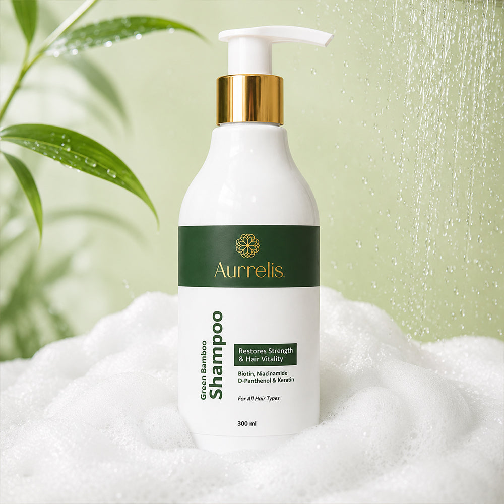 Aurrelis Green Bamboo Strength Shampoo bottle, 300ml, with nourishing hair cleanser for strengthening and smooth, healthy hair.
