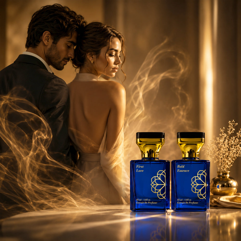 Aurrelis Signature Extrait De Parfum combo pack with First Love and Bold Essence, floral, fruity, and musk fragrances in 100 ML bottles.