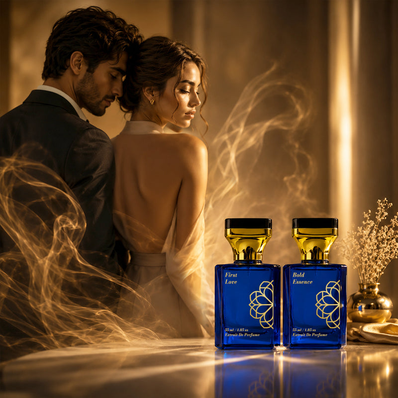 Aurrelis Signature Extrait De Parfum combo pack with First Love and Bold Essence, floral, fruity, and musk fragrances in 100 ML bottles.