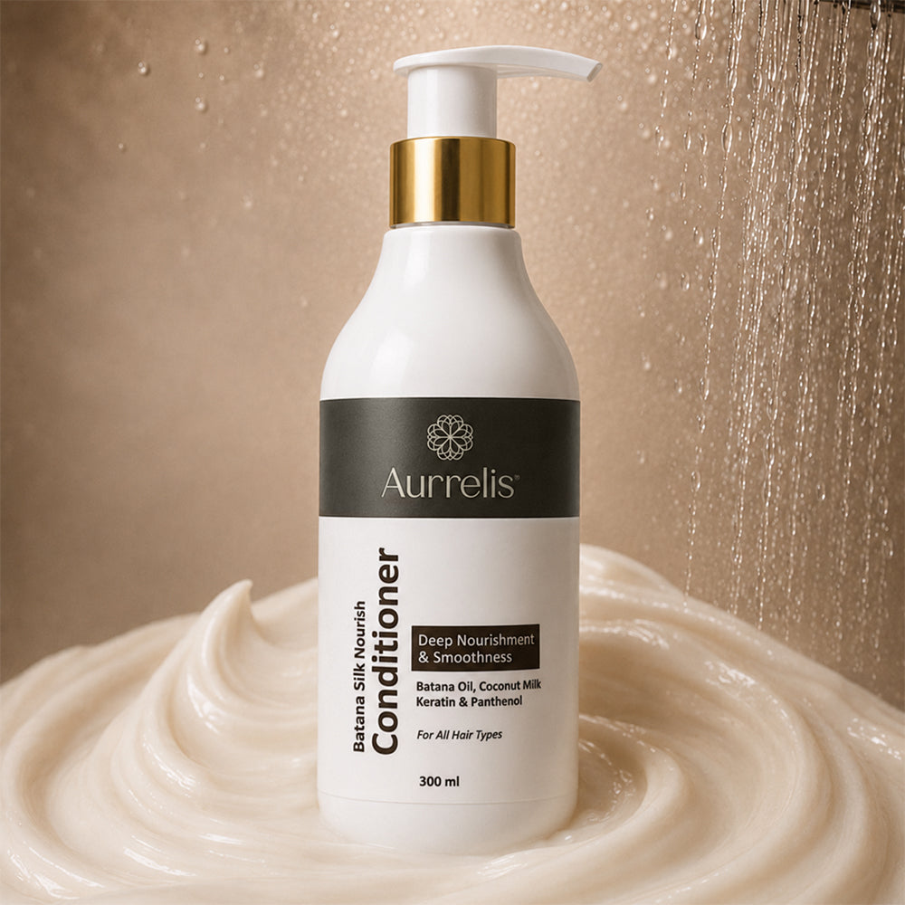 Aurrelis Batana Silk Coconut Conditioner bottle, deep nourishing hair care product for soft, smooth, silky hair in a 300ml container.