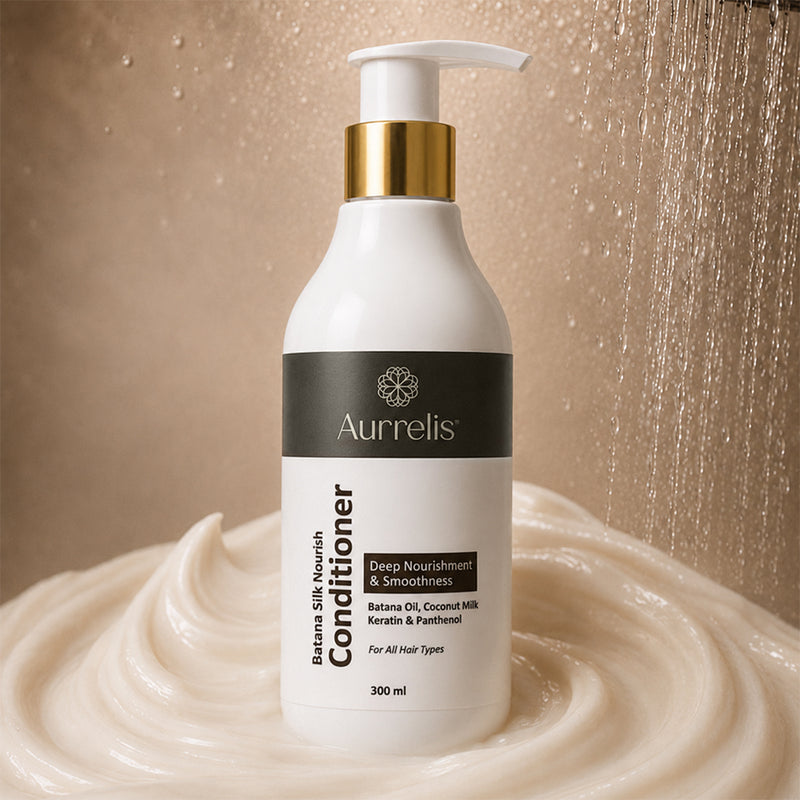 Aurrelis Batana Silk Coconut Conditioner bottle, deep nourishing hair care product for soft, smooth, silky hair in a 300ml container.