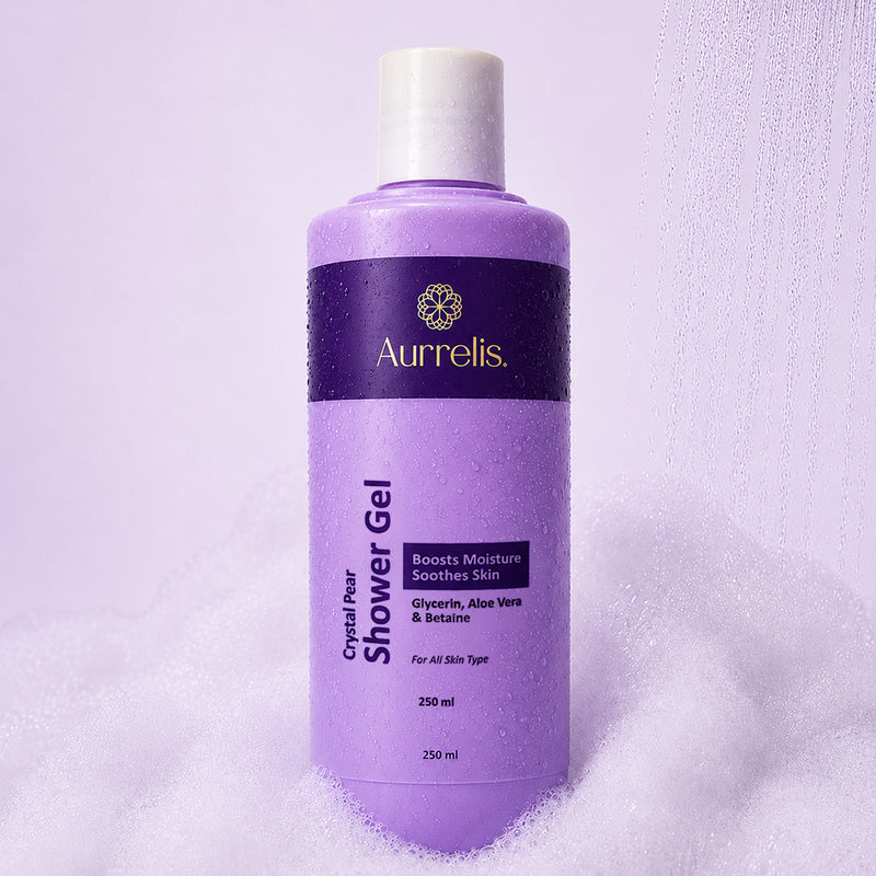 Aurrelis Crystal Pear Hydrating Body Wash in 250ml bottle, refreshing moisture body cleanser for smooth, clean skin.