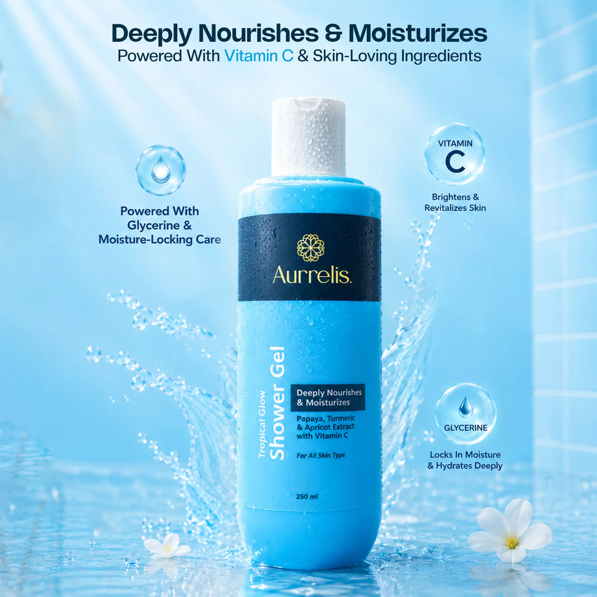 Aurrelis Tropical Glow herbal body wash in a 250ml bottle, featuring refreshing and nourishing botanical ingredients for clean, glowing skin.