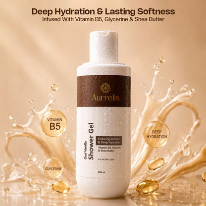 Aurrelis Midnight Oud Vanilla Moisture Body Wash in 250ml bottle, featuring deep hydrating formula and luxurious bath and body care.