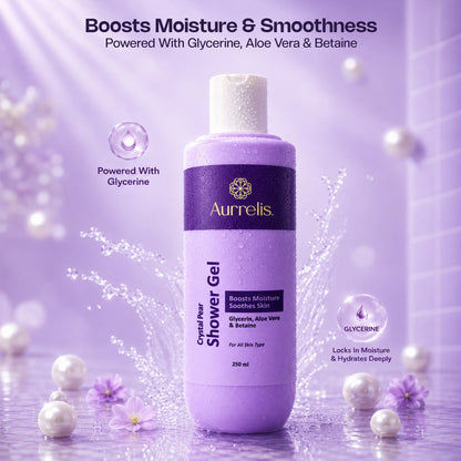 Aurrelis Crystal Pear Hydrating Body Wash in 250ml bottle, refreshing bath and body cleanser with crystal pear scent and moisturizing formula.