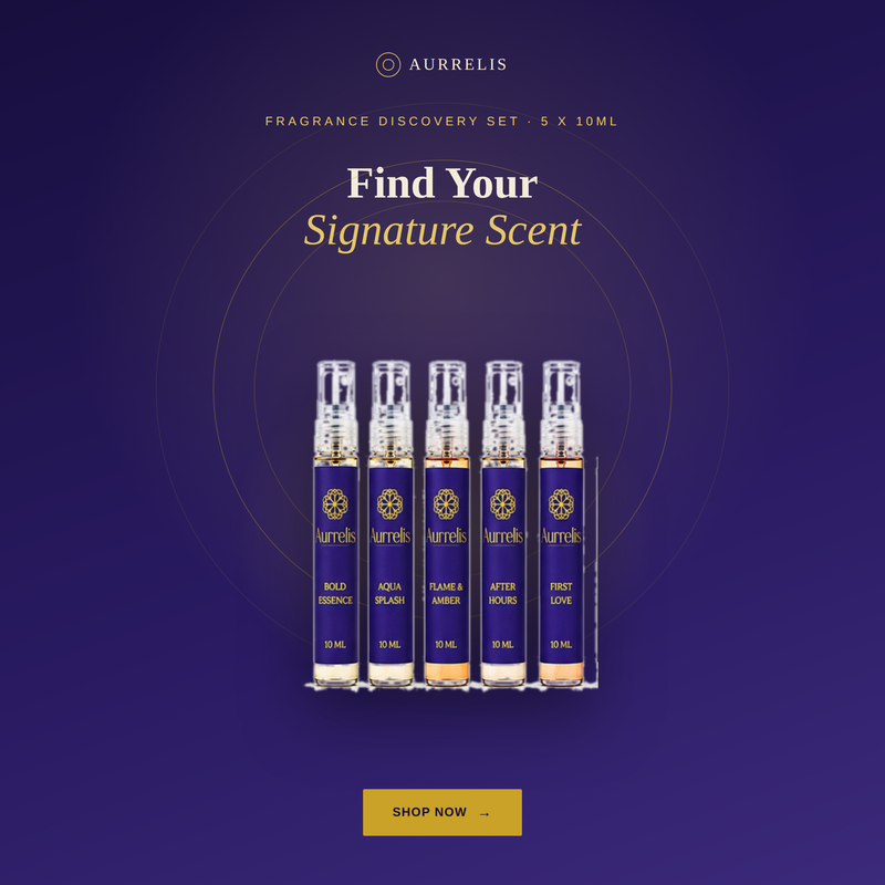 AURRELIS Parfum fragrance discovery set with five 10ml perfume bottles, elegant packaging and branded caps.
