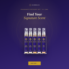 AURRELIS Parfum fragrance discovery set with five 10ml perfume bottles, elegant packaging and branded caps.