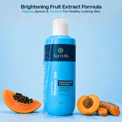 Aurrelis Tropical Glow herbal body wash bottle, showcasing the refreshing herbal cleanser with tropical label and 250ml size.