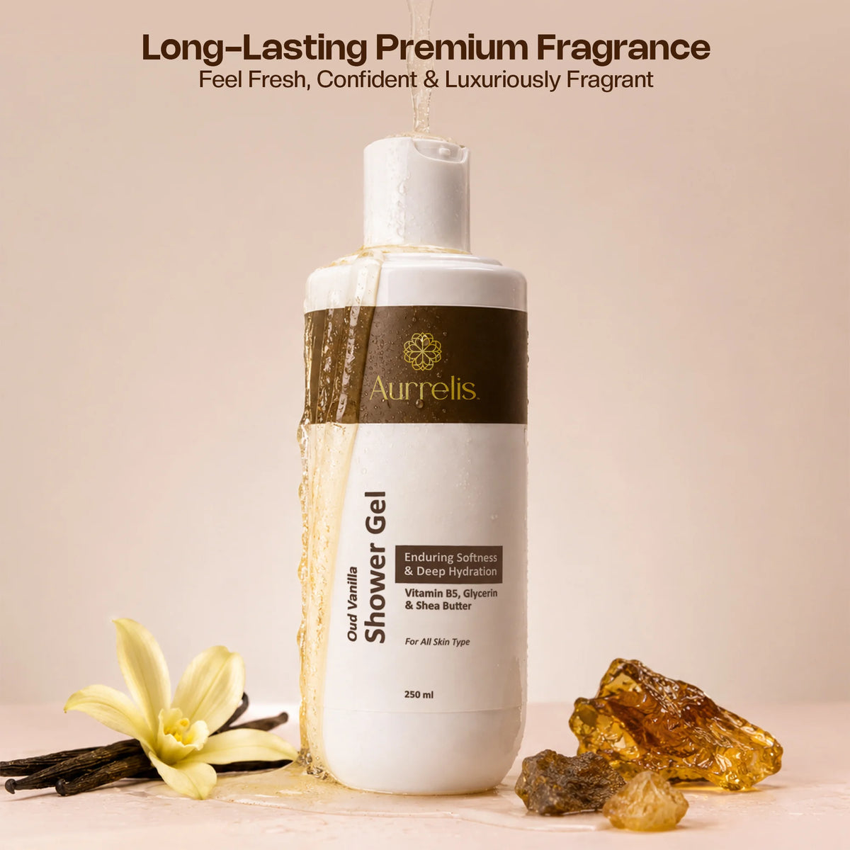 Aurrelis Midnight Oud Vanilla moisture body wash bottle with deep hydrating formula and luxury bath and body cleanser branding.