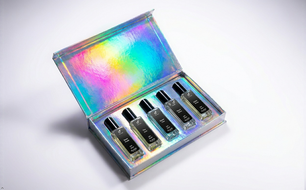Slayd Look Legit Alpha Men perfume discovery set with five 20ml extrait de parfum bottles, stylish packaging for men.