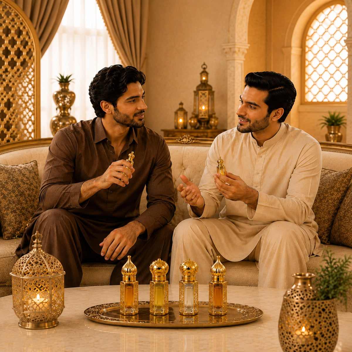 Taahara luxury attar gift set with four premium alcohol-free perfume oils, including Zarra, Khaab, Ambar, and Qamar bottles.