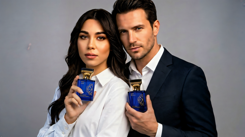 Aurrelis Signature Extrait De Parfum gift set with two 100ml bottles of First Love and Bold Essence, floral, fruity, and musk fragrances.