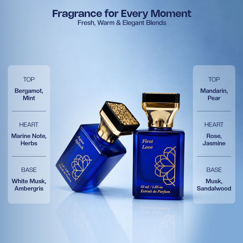 Aurrelis Signature Extrait De Parfum Combo Pack of 2 | Aqua Splash & First Love Extrait De Parfum | Long-Lasting Luxury Unisex Fragrance Set | 55 ML Each