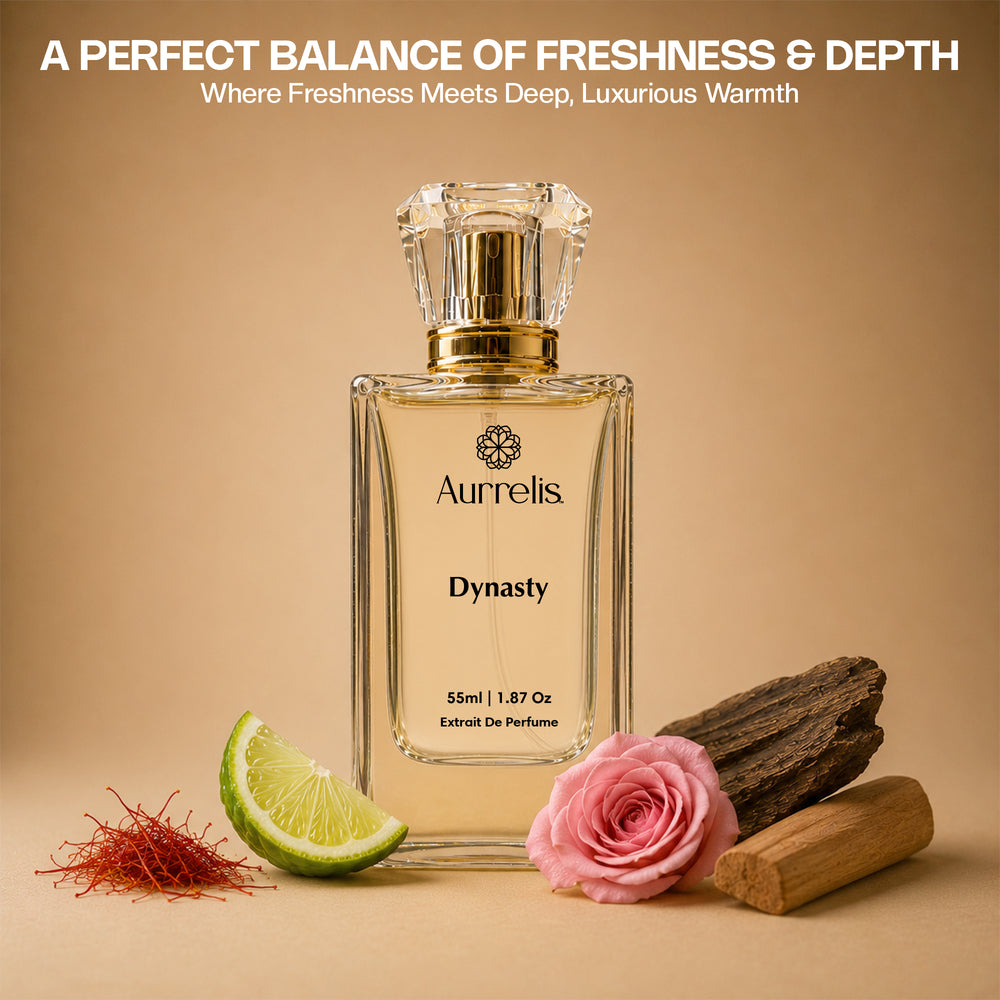 Aurrelis DYNASTY luxury Eau de Parfum bottle, 55ML, featuring elegant packaging for long-lasting, royal fragrance for men and women.