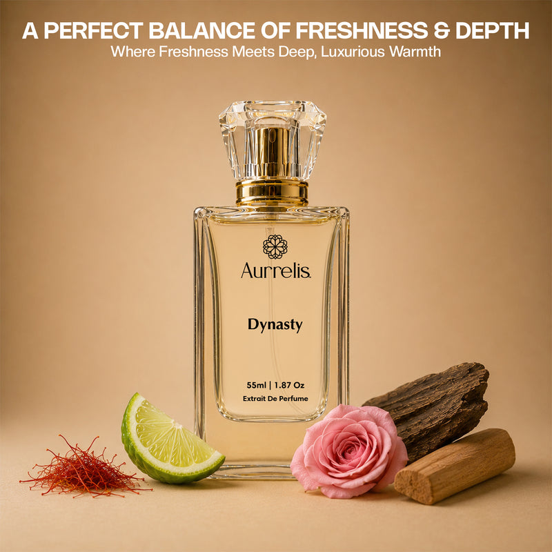 Aurrelis DYNASTY luxury Eau de Parfum bottle, 55ML, featuring elegant packaging for long-lasting, royal fragrance for men and women.