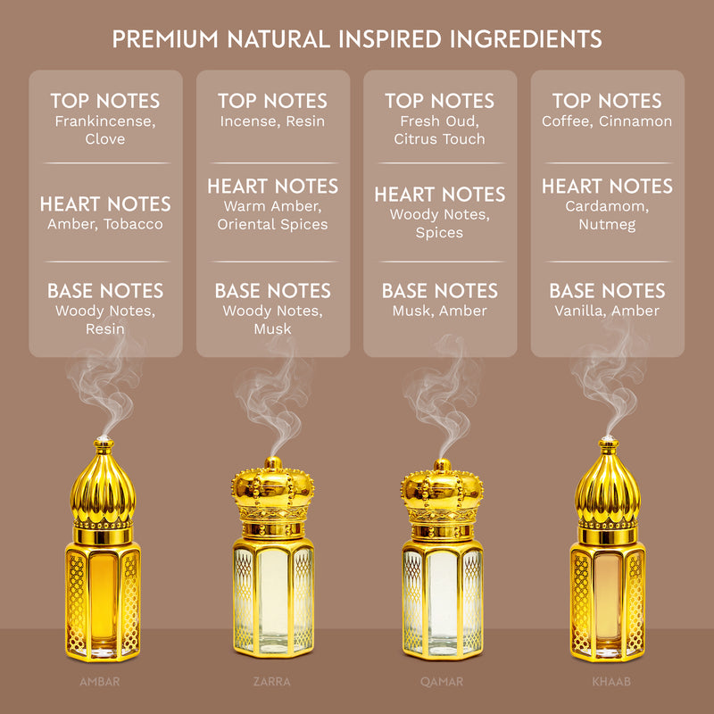 Taahara Luxury Attar Gift Set – 4 Premium Alcohol-Free Perfume Oils | Zarra, Khaab, Ambar & Qamar