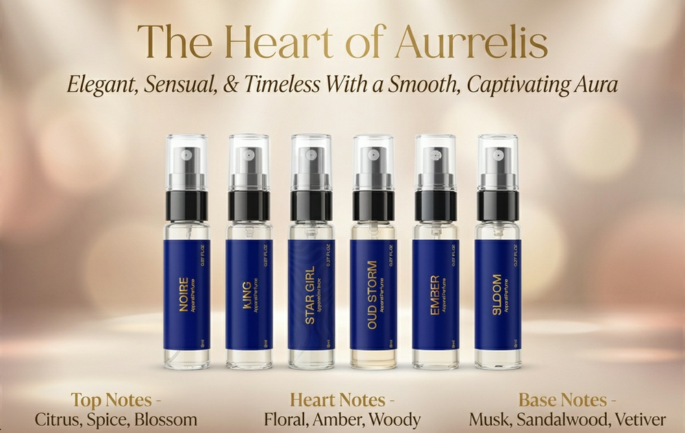 Aurrelis Signature Parfum Pocket Discovery Pack with six 8ml perfume vials arranged in a sleek set.