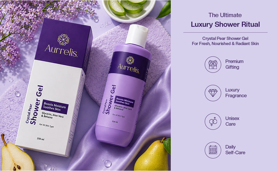 Aurrelis Crystal Pear Hydrating Body Wash in 250ml bottle, refreshing bath and body cleanser with crystal pear scent and moisturizing formula.