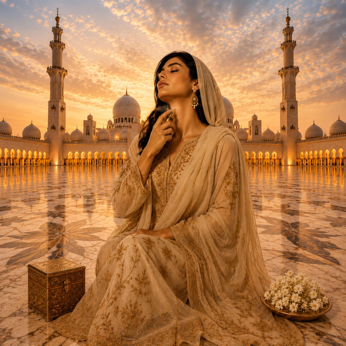 Taahara Luxury Attar Gift Set with four premium alcohol-free perfume oils, featuring Zarra, Khaab, Ambar, and Qamar bottles.
