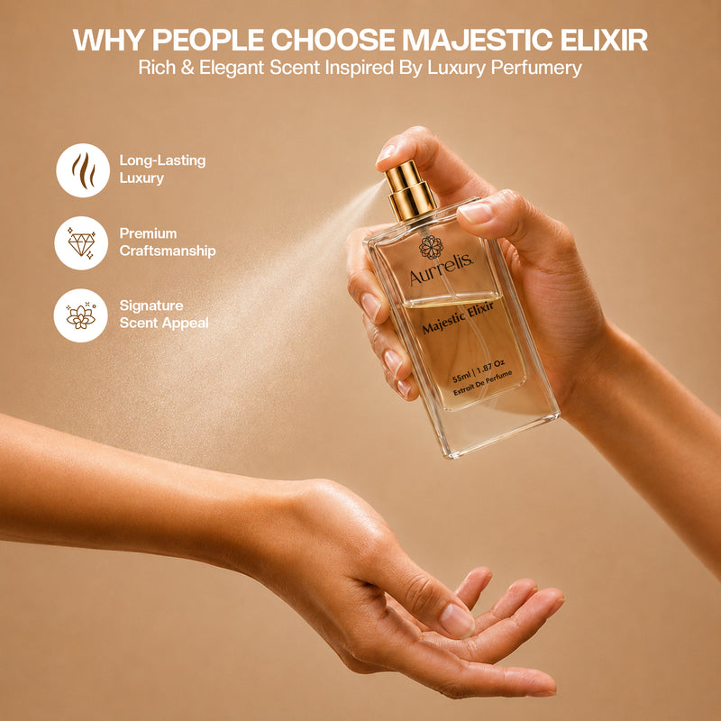 Aurrelis Majestic Elixir Eau de Parfum 55ML bottle, luxurious long-lasting fragrance for men and women, elegant perfume bottle.
