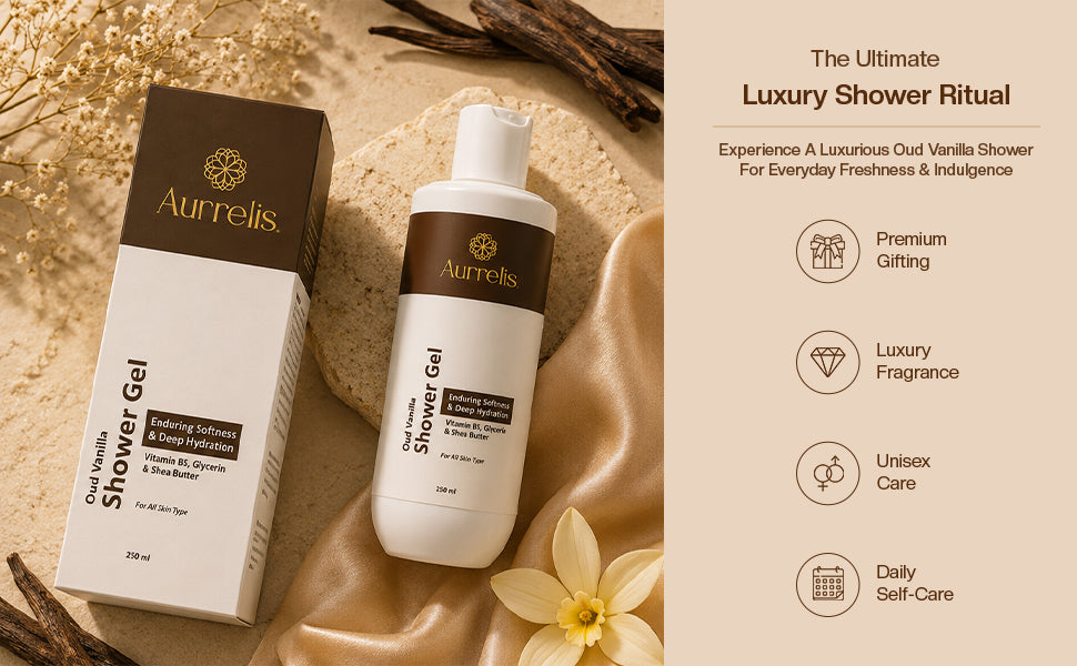 Aurrelis Midnight Oud Vanilla moisture body wash, deep hydrating luxury cleanser in a 250ml bottle for bath and body care.