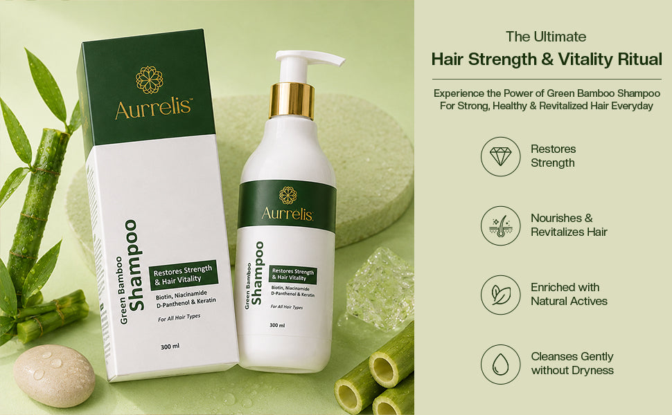 Aurrelis Green Bamboo Strength Shampoo bottle, nourishing hair cleanser for strengthening and smooth, healthy hair, 300 ML.