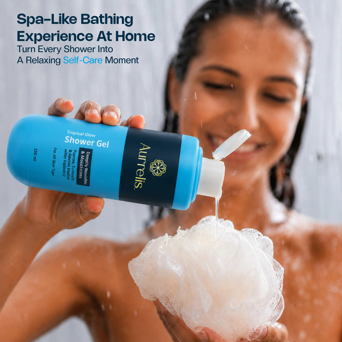 Aurrelis Tropical Glow herbal body wash in 250 ML bottle, refreshing and nourishing bath and body cleanser with tropical herbal ingredients.
