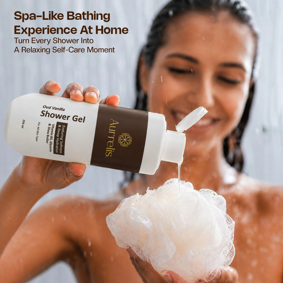 Aurrelis Midnight Oud Vanilla Moisture Body Wash bottle, deep hydrating luxury bath and body cleanser, 250 ML, with a sleek design.