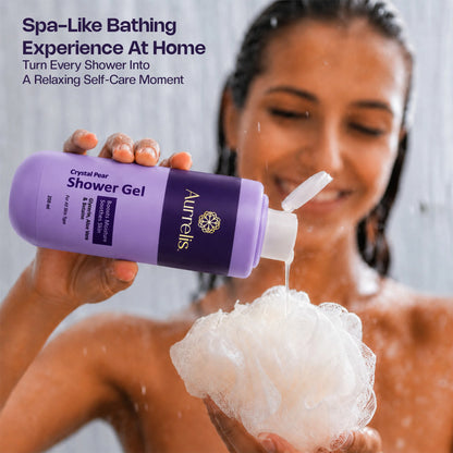 Aurrelis Crystal Pear Hydrating Body Wash bottle with clear liquid, designed for refreshing moisture and gentle cleansing.