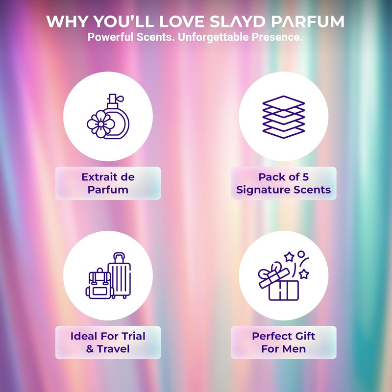 Slayd’s Women’s Perfume Discovery Set – Pack of 5 Extrait De Parfum (20ml Each) | Long Lasting Floral Musky Luxury Fragrance Gift Set for Women
