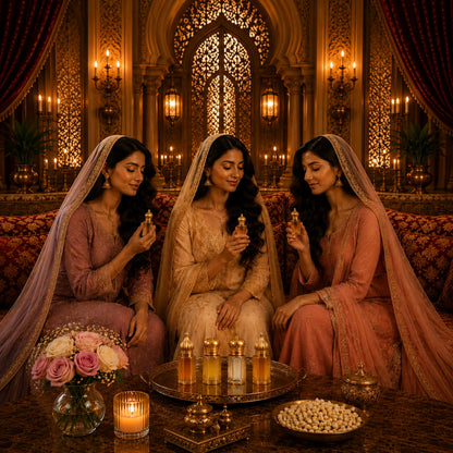 Taahara luxury attar gift set with four alcohol-free perfume oils: Zarra, Khaab, Ambar, and Qamar in elegant bottles.