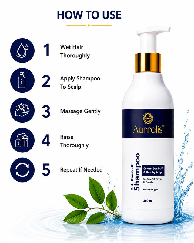 Aurrelis Arctic Scalp Anti-Dandruff Shampoo bottle with piroctone olamine, keratin, biotin, and tea tree oil for healthy hair care.