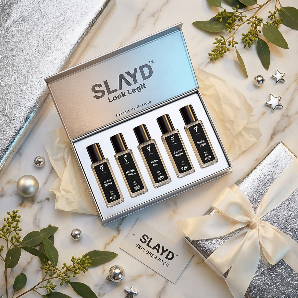 Slayd Legit Unisex Perfume Discovery Set with five 20ml extrait de parfum bottles, perfect for gifting or personal use.
