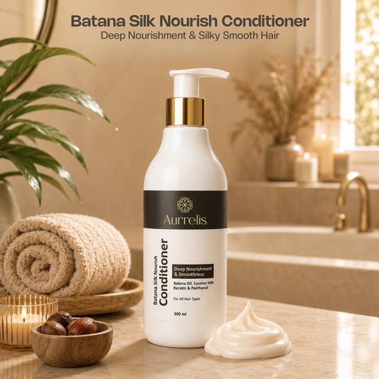 Aurrelis Batana Silk Coconut Conditioner bottle, deep nourishing hair conditioner for soft, silky hair, 300 ml.