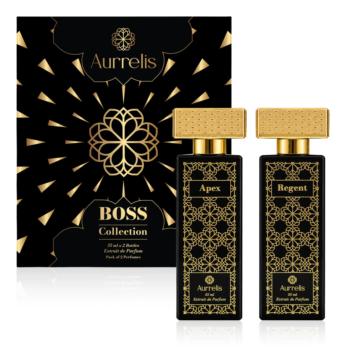 Aurrelis Boss Collection perfume gift set with Apex and Regent luxury unisex extrait de parfum bottles, 110 ml each.
