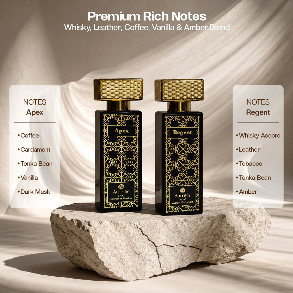 Aurrelis Boss Collection perfume gift set featuring Apex and Regent unisex extrait de parfum bottles, luxury long-lasting fragrances.