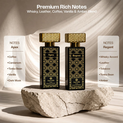 Aurrelis Boss Collection perfume gift set featuring Apex and Regent unisex extrait de parfum bottles, luxury long-lasting fragrances.