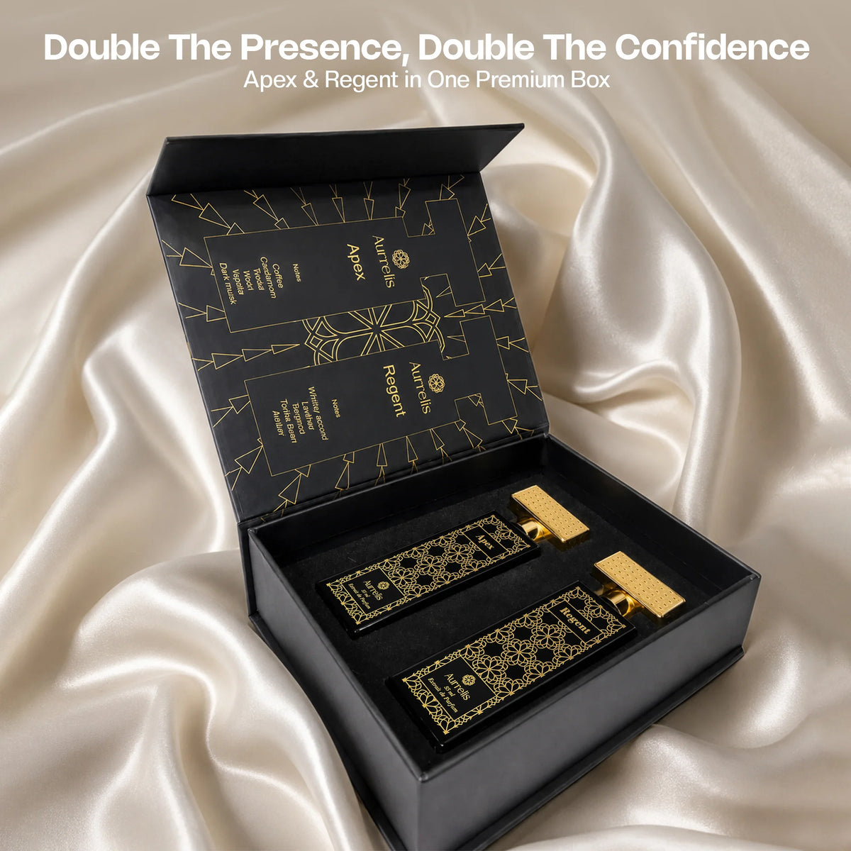 Aurrelis Boss Collection perfume gift set featuring Apex and Regent unisex luxury extrait de parfum bottles, 110 ml each.
