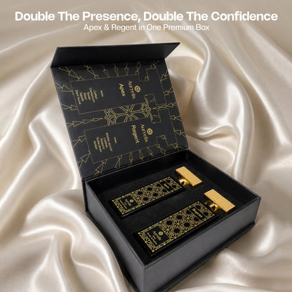 Aurrelis Boss Collection perfume gift set featuring Apex and Regent unisex luxury extrait de parfum bottles, 110 ml each.