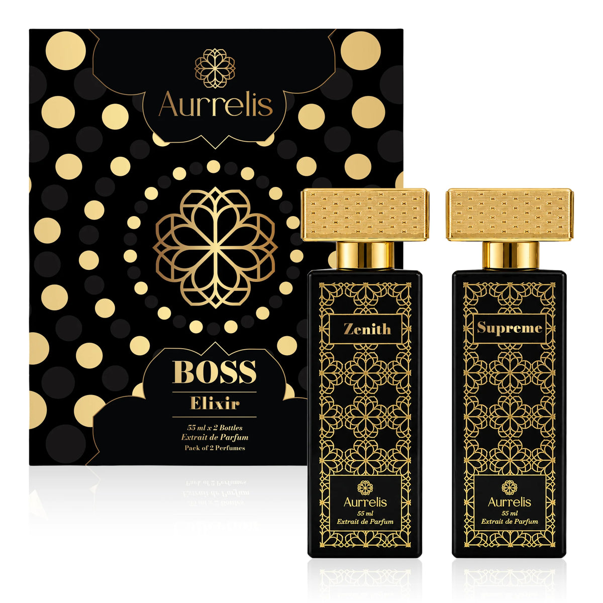 Aurrelis Boss Collection perfume gift set featuring Supreme and Zenith luxury extrait de parfum bottles, 110 ml, unisex fragrance.