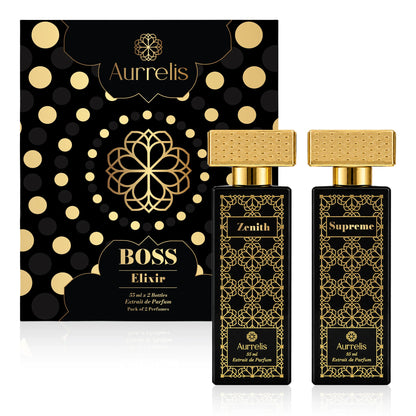Aurrelis Boss Collection perfume gift set featuring Supreme and Zenith luxury extrait de parfum bottles, 110 ml, unisex fragrance.