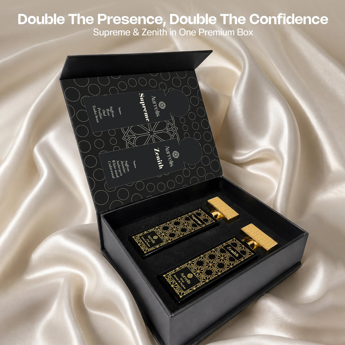 Aurrelis Boss Collection perfume gift set with Supreme and Zenith extrait de parfum bottles, luxurious long-lasting unisex fragrances.
