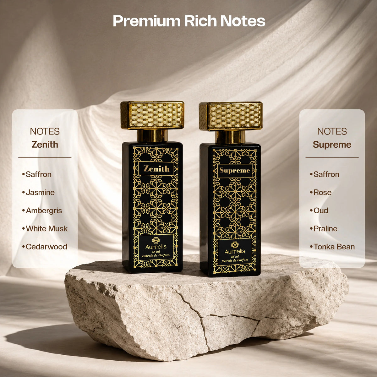 Aurrelis Boss Collection perfume gift set with Supreme and Zenith extrait de parfum bottles, elegant packaging, 110 ml for unisex use.