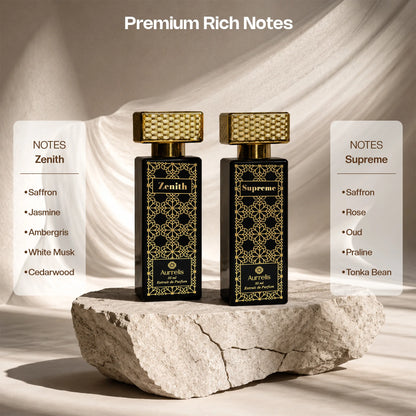 Aurrelis Boss Collection perfume gift set with Supreme and Zenith extrait de parfum bottles, elegant packaging, 110 ml for unisex use.