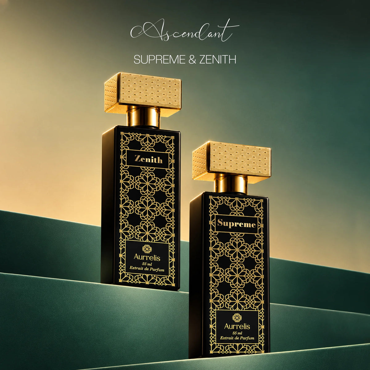 Aurrelis Boss Collection perfume gift set featuring Supreme and Zenith luxury extrait de parfum bottles in 110 ml.