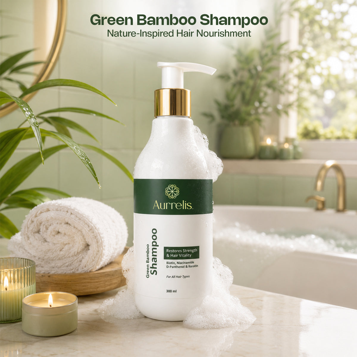 Aurrelis Green Bamboo Shampoo | Strengthening Shampoo with Biotin, Niacinamide, Keratin & D-Panthenol | All Hair Types | 300ml